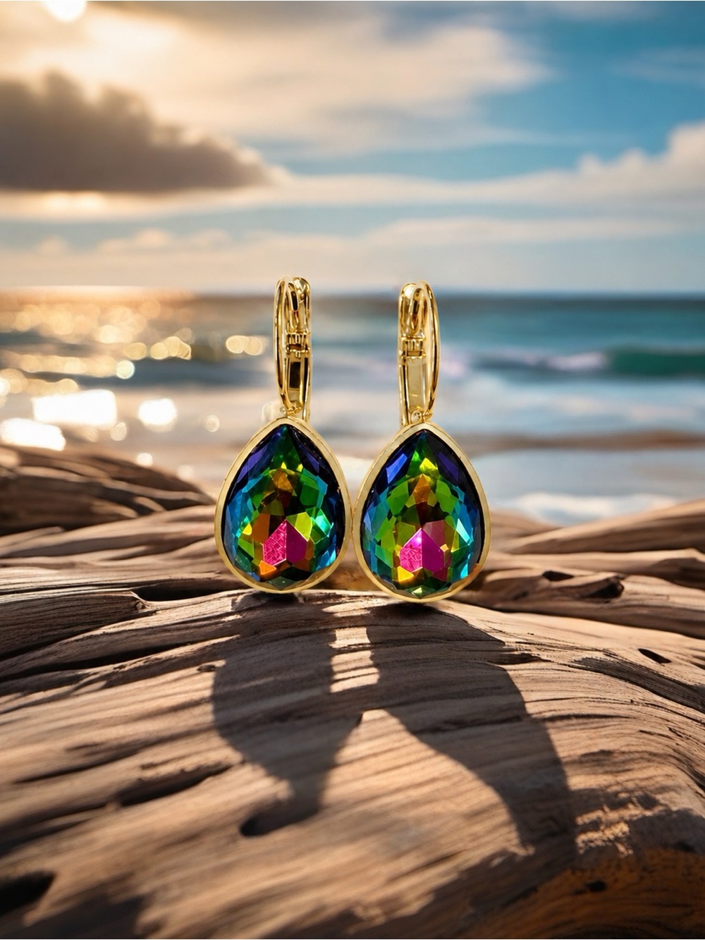 ParkilyThings Rainbow Vitrail Teardrop Crystal Earrings – gold tone leverback